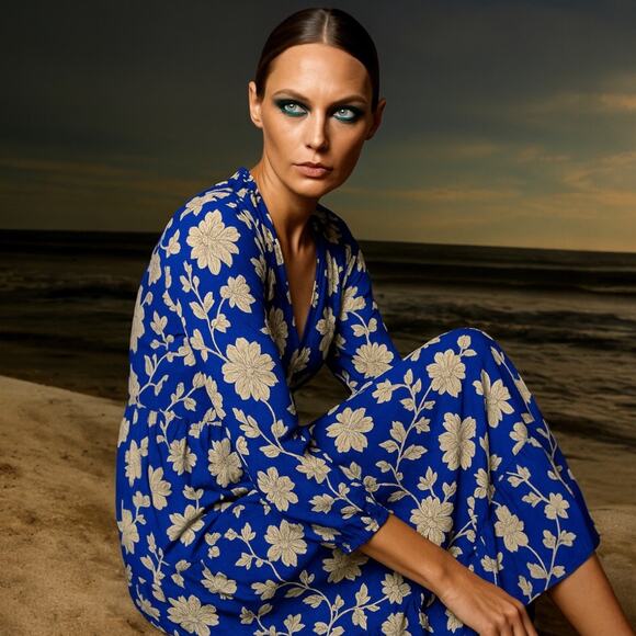 Zara Dresses & Skirts - Zara Blue White Floral Plunge V-Neck 3/4 Balloon Sleeve Midi Maxi A-line Dress M